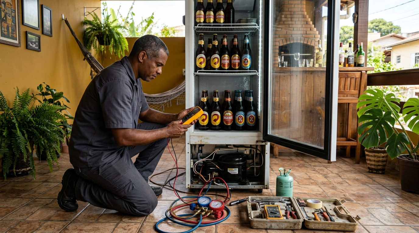 Placa eletrônica de cervejeira em reparo na bancada em Juiz de Fora‑MG