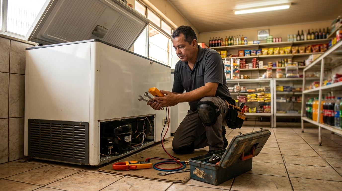 Técnico reparando o motor de um freezer horizontal em Juiz de Fora‑MG