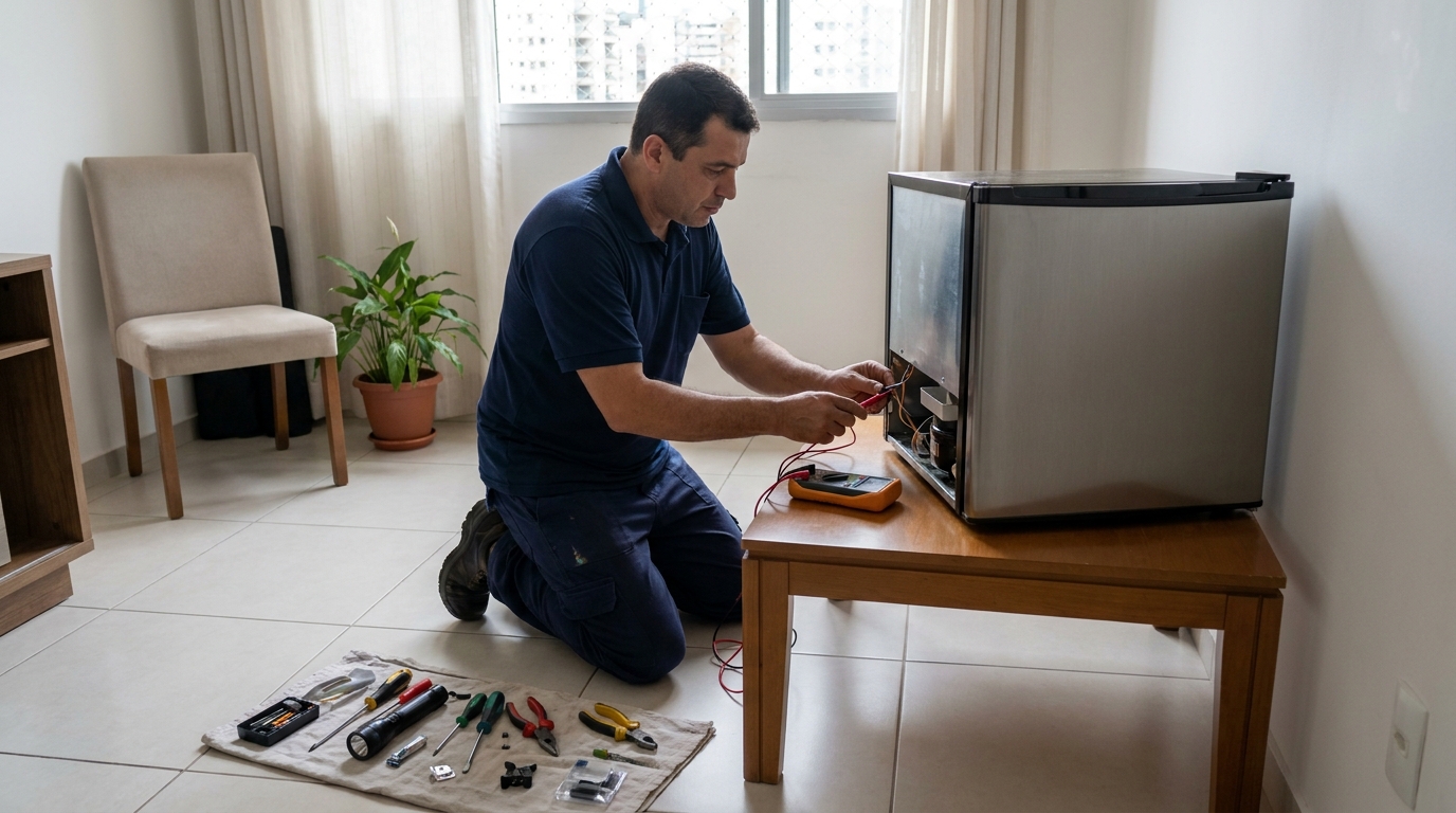 Técnico revisando o motor de um frigobar em Juiz de Fora‑MG
