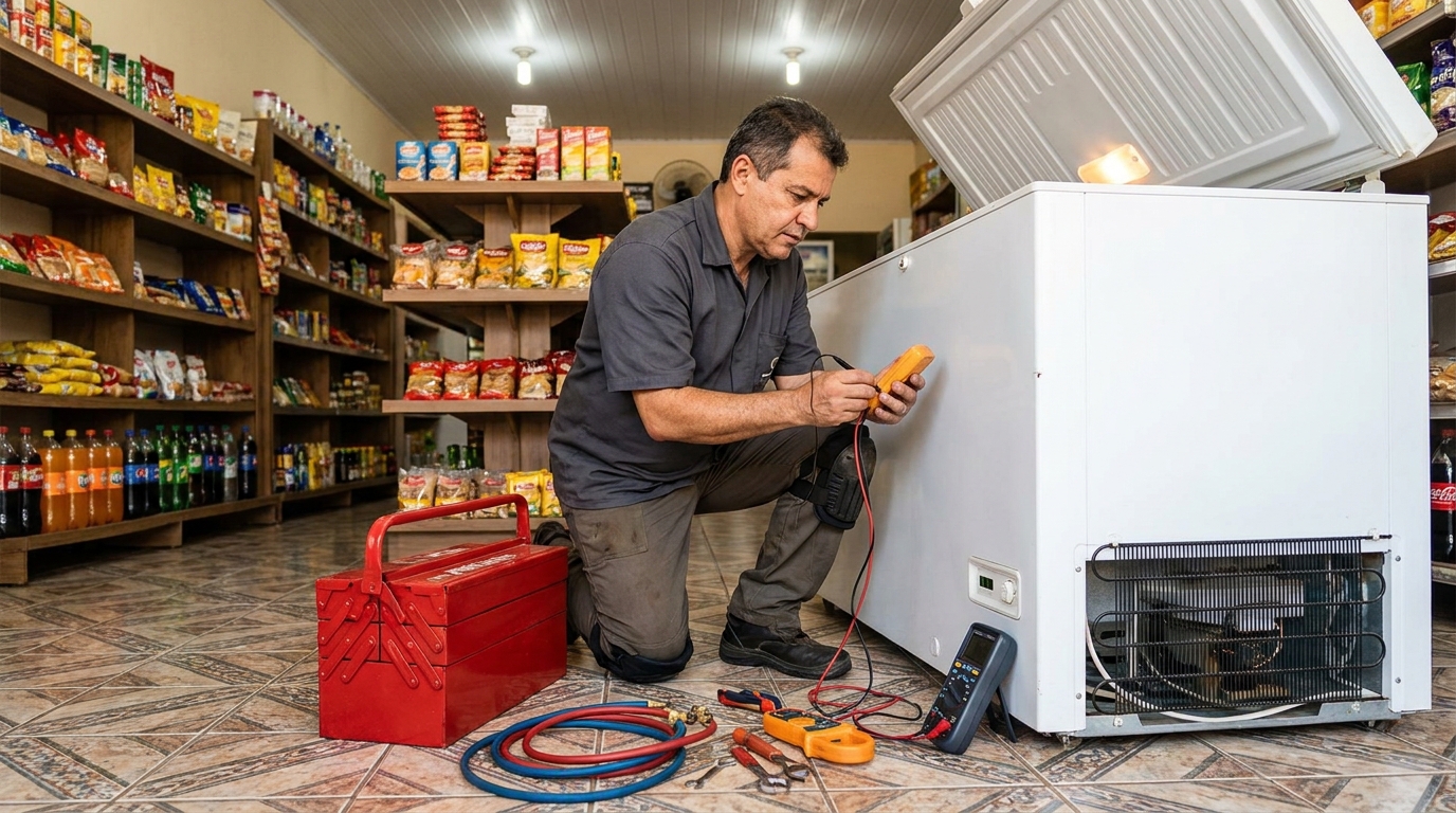 Manômetro conectado ao circuito durante recarga de gás de freezer em Juiz de Fora‑MG