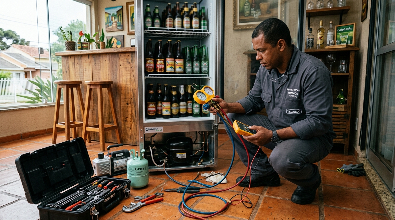 Técnico conferindo a temperatura de uma cervejeira durante atendimento em Juiz de Fora‑MG